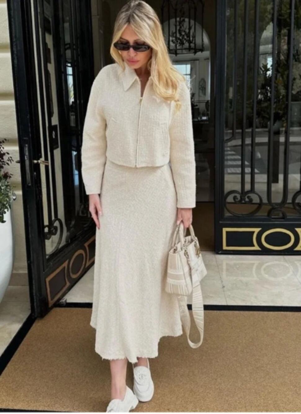 ZARA Co-ord Set Textured Weave Bomber Jacket Sz M Maxi Skirt Sz XL Cream Luxury
